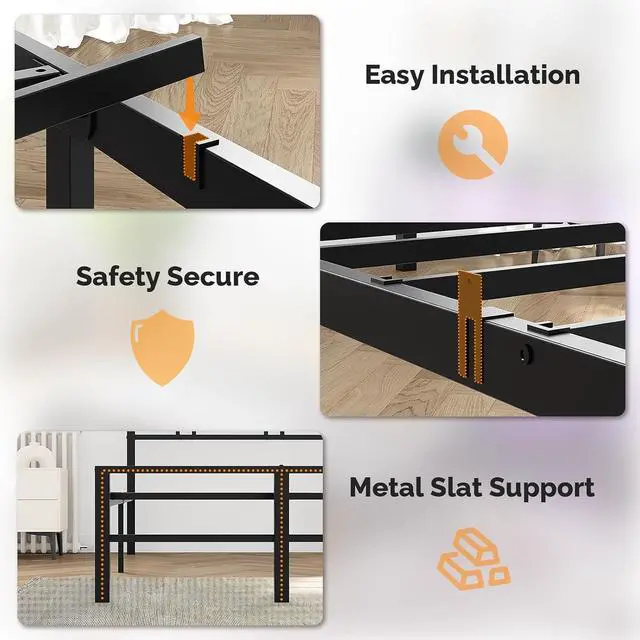 Alt view image 5 of 7 - VINGLI Twin Bed Frame with LED Lights and Charging Station, Black Twin Size Bed Frame with Storage Headboard with Shelf, Heavy Duty Platform Bed, Noise Free, No Box Spring Needed, Black