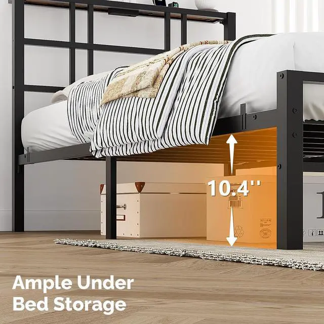 Alt view image 6 of 7 - VINGLI Twin Bed Frame with LED Lights and Charging Station, Black Twin Size Bed Frame with Storage Headboard with Shelf, Heavy Duty Platform Bed, Noise Free, No Box Spring Needed, Black