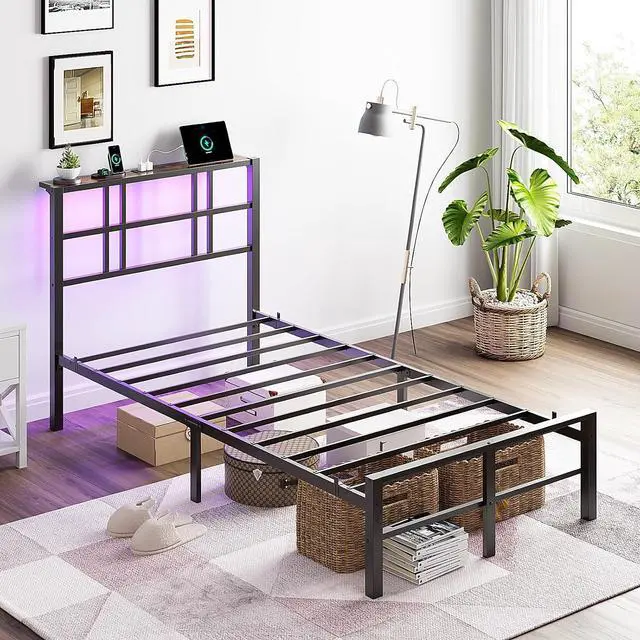 Alt view image 7 of 7 - VINGLI Twin Bed Frame with LED Lights and Charging Station, Black Twin Size Bed Frame with Storage Headboard with Shelf, Heavy Duty Platform Bed, Noise Free, No Box Spring Needed, Black