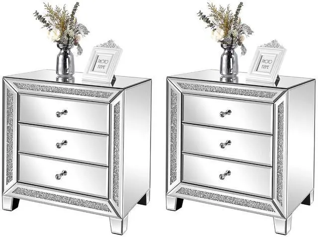 Main image of VINGLI Mirrored Nightstands Set of 2, 23" W Glass Mirror Night Stand Set of 2, Modern Bedside Table 3 Drawer Glass Side End Table Silver Dresser for Bedroom, 23W x 13.8D x 24.8H