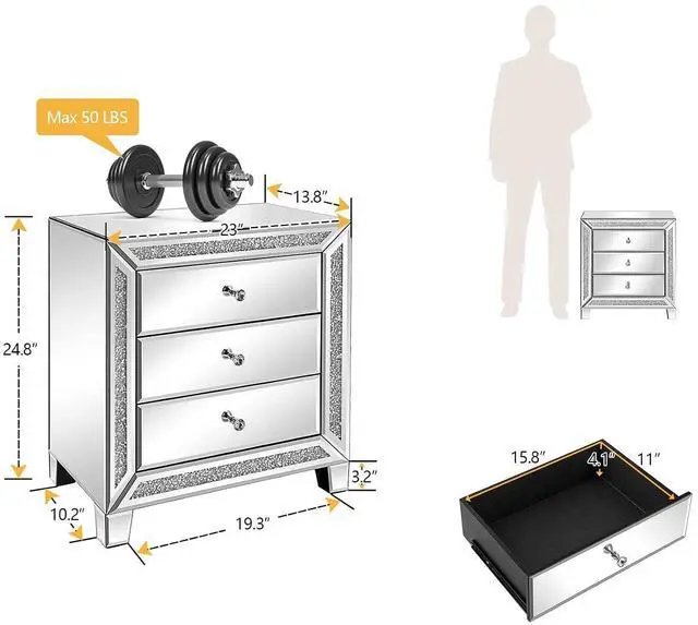 Alt view image 3 of 7 - VINGLI Mirrored Nightstands Set of 2, 23" W Glass Mirror Night Stand Set of 2, Modern Bedside Table 3 Drawer Glass Side End Table Silver Dresser for Bedroom, 23W x 13.8D x 24.8H
