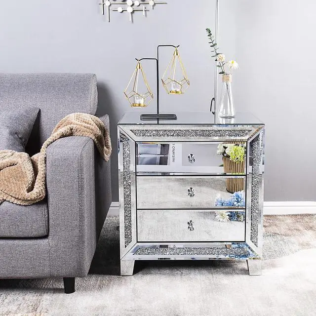 Alt view image 2 of 7 - VINGLI Mirrored Nightstands Set of 2, 23" W Glass Mirror Night Stand Set of 2, Modern Bedside Table 3 Drawer Glass Side End Table Silver Dresser for Bedroom, 23W x 13.8D x 24.8H