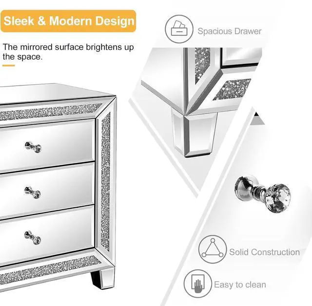 Alt view image 4 of 7 - VINGLI Mirrored Nightstands Set of 2, 23" W Glass Mirror Night Stand Set of 2, Modern Bedside Table 3 Drawer Glass Side End Table Silver Dresser for Bedroom, 23W x 13.8D x 24.8H
