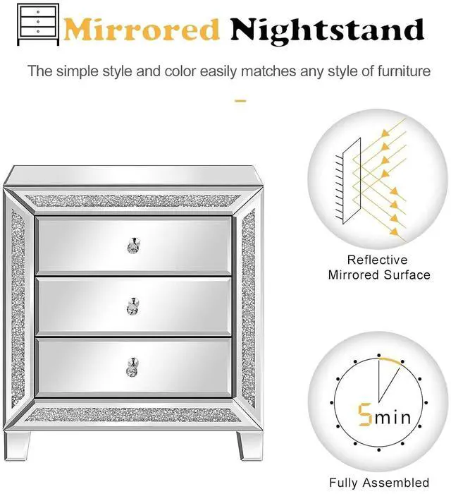 Alt view image 5 of 7 - VINGLI Mirrored Nightstands Set of 2, 23" W Glass Mirror Night Stand Set of 2, Modern Bedside Table 3 Drawer Glass Side End Table Silver Dresser for Bedroom, 23W x 13.8D x 24.8H