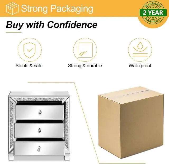 Alt view image 7 of 7 - VINGLI Mirrored Nightstands Set of 2, 23" W Glass Mirror Night Stand Set of 2, Modern Bedside Table 3 Drawer Glass Side End Table Silver Dresser for Bedroom, 23W x 13.8D x 24.8H