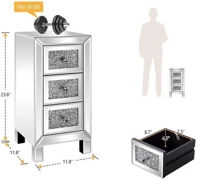 Alt view image 2 of 7 - VINGLI 3-Drawer Mirrored Nightstand Bedside Table Glass Accent End Table, Fully Assembled, Silver