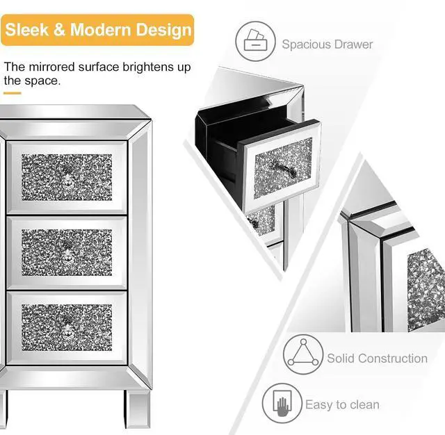Alt view image 3 of 7 - VINGLI 3-Drawer Mirrored Nightstand Bedside Table Glass Accent End Table, Fully Assembled, Silver