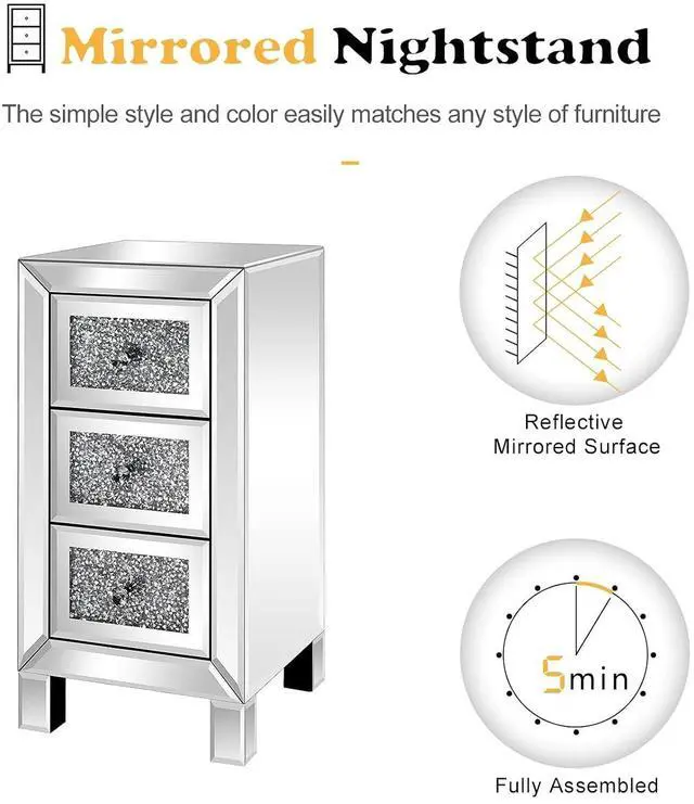 Alt view image 4 of 7 - VINGLI 3-Drawer Mirrored Nightstand Bedside Table Glass Accent End Table, Fully Assembled, Silver