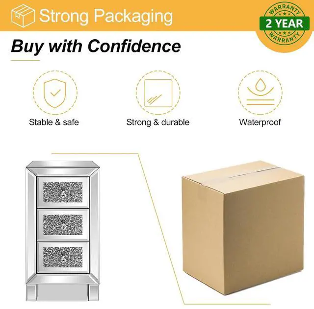 Alt view image 5 of 7 - VINGLI 3-Drawer Mirrored Nightstand Bedside Table Glass Accent End Table, Fully Assembled, Silver