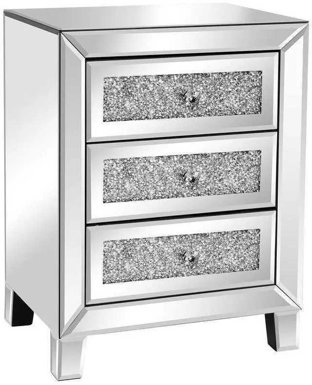 Main image of VINGLI Mirrored Nightstand with 3 Drawers Modern End Table Bed Side Table with Mirrored Finish, 17.72-inch W x 13.78-inch D x 23.62-inch H, Silver