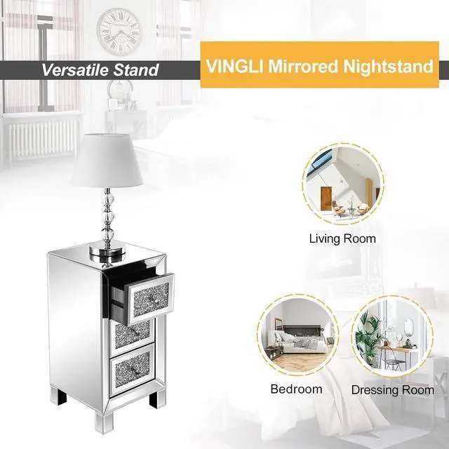 Alt view image 7 of 7 - VINGLI 3-Drawer Mirrored Nightstand Bedside Table Glass Accent End Table, Fully Assembled, Silver