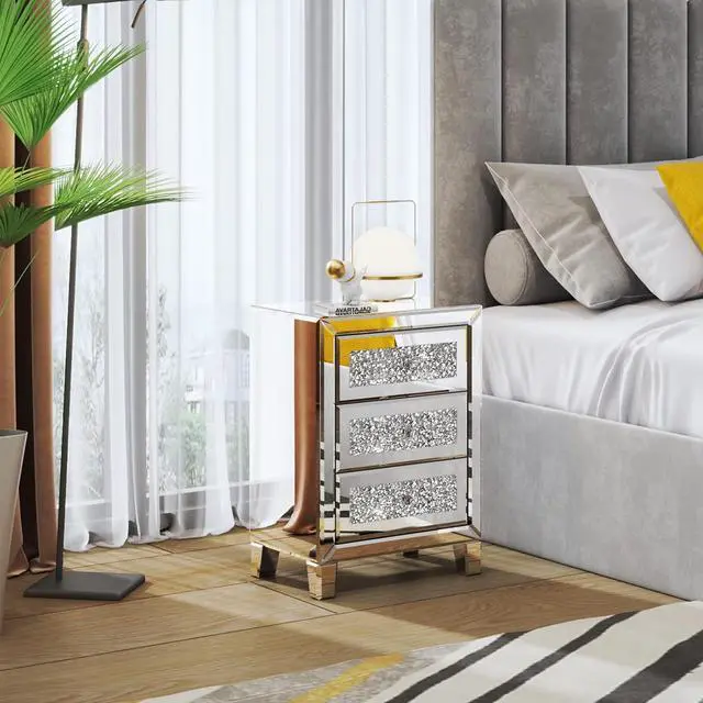 Alt view image 2 of 7 - VINGLI Mirrored Nightstand with 3 Drawers Modern End Table Bed Side Table with Mirrored Finish, 17.72-inch W x 13.78-inch D x 23.62-inch H, Silver