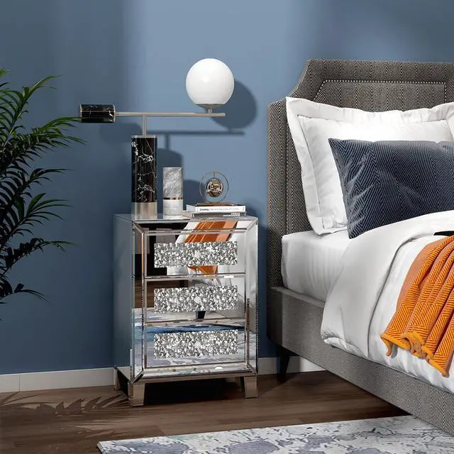 Alt view image 7 of 7 - VINGLI Mirrored Nightstand with 3 Drawers Modern End Table Bed Side Table with Mirrored Finish, 17.72-inch W x 13.78-inch D x 23.62-inch H, Silver