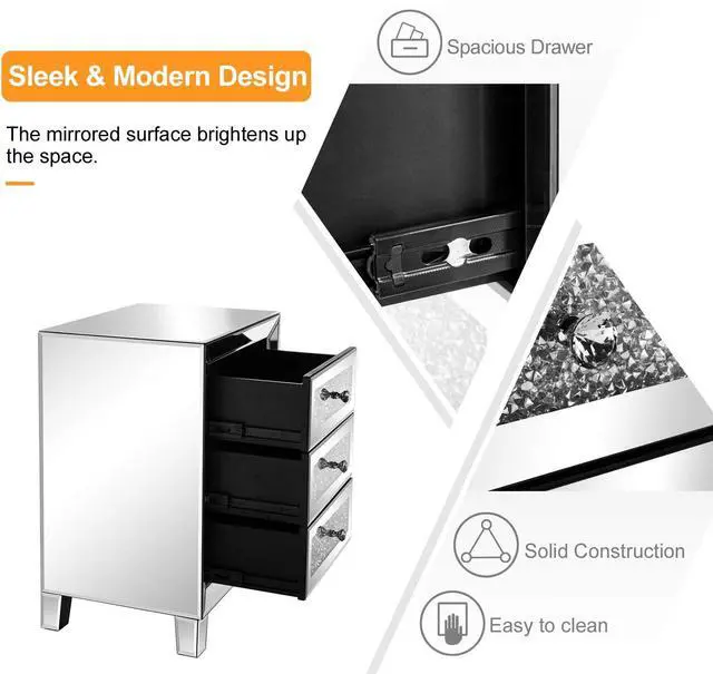 Alt view image 6 of 7 - VINGLI Mirrored Nightstand Set of 2, Mirrored Side/End Table for Living Room, Glass Silver Nightstand, Crushed Glass Mirror Night Stand, Contemporary Night Table Mirror Bedroom Furniture Set