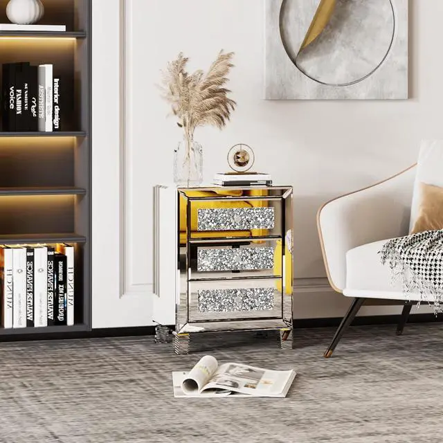 Alt view image 4 of 7 - VINGLI Mirrored Nightstand Set of 2, Mirrored Side/End Table for Living Room, Glass Silver Nightstand, Crushed Glass Mirror Night Stand, Contemporary Night Table Mirror Bedroom Furniture Set