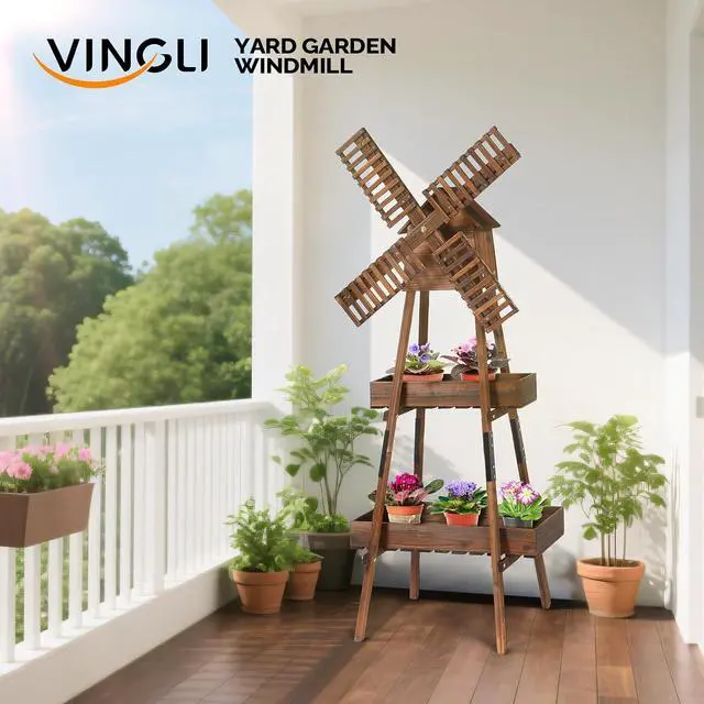 Alt view image 2 of 7 - VINGLI Wooden Windmill with Birdhouse & Planter Shelf, Weatherproof Wind Spinner for Outdoor, Decor Wind Mill for Yard, Patio, Garden