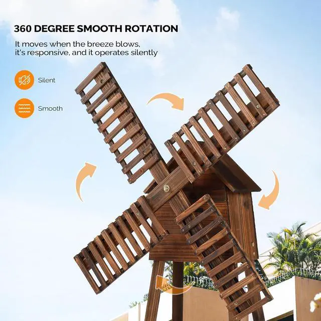Alt view image 4 of 7 - VINGLI Wooden Windmill with Birdhouse & Planter Shelf, Weatherproof Wind Spinner for Outdoor, Decor Wind Mill for Yard, Patio, Garden