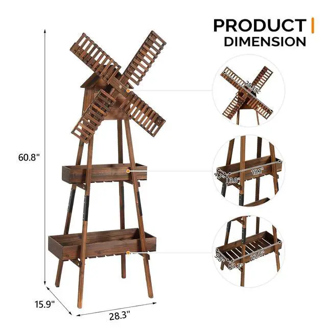 Alt view image 6 of 7 - VINGLI Wooden Windmill with Birdhouse & Planter Shelf, Weatherproof Wind Spinner for Outdoor, Decor Wind Mill for Yard, Patio, Garden