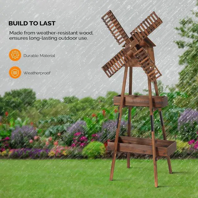 Alt view image 5 of 7 - VINGLI Wooden Windmill with Birdhouse & Planter Shelf, Weatherproof Wind Spinner for Outdoor, Decor Wind Mill for Yard, Patio, Garden