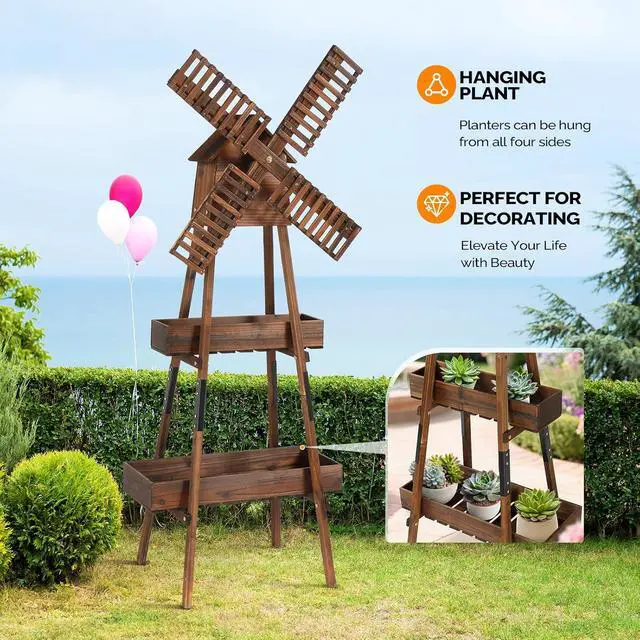 Alt view image 3 of 7 - VINGLI Wooden Windmill with Birdhouse & Planter Shelf, Weatherproof Wind Spinner for Outdoor, Decor Wind Mill for Yard, Patio, Garden