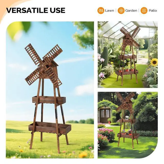 Alt view image 7 of 7 - VINGLI Wooden Windmill with Birdhouse & Planter Shelf, Weatherproof Wind Spinner for Outdoor, Decor Wind Mill for Yard, Patio, Garden