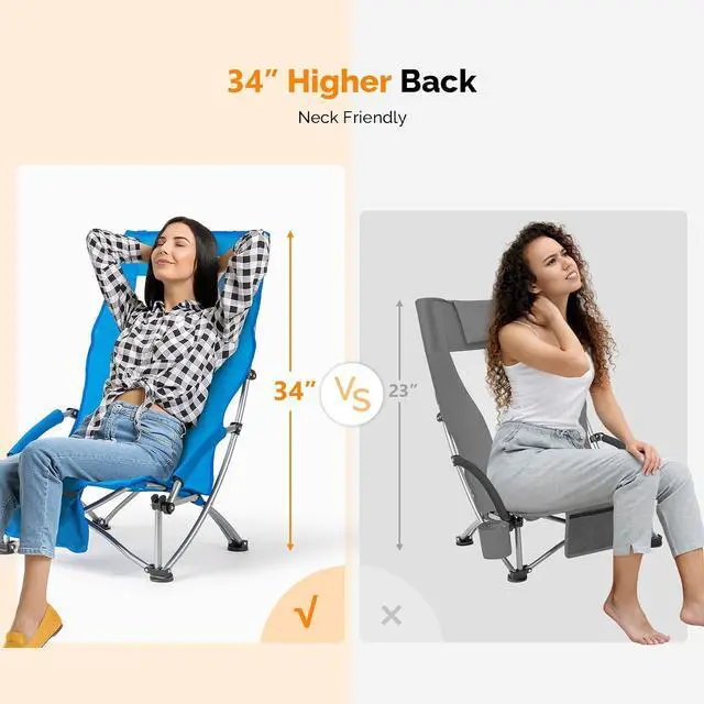 Alt view image 2 of 6 - VINGLI Low Beach Chairs, High Back Chairs with Carry BagFoldable Portable Backpack Beach Chair for Camping Picnic LAN-2 Pack