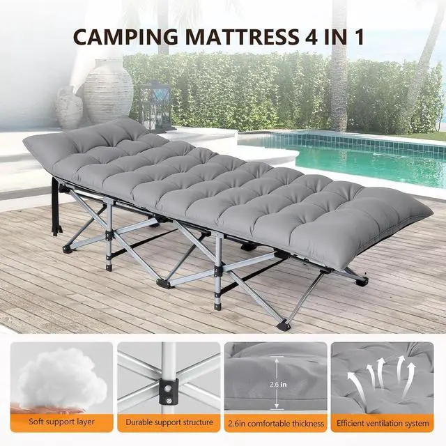 Alt view image 6 of 7 - VINGLI Folding Camping Cot Bed,Camping Cots for Adults with Mattress, Foldable Cots for Sleeping with Pillow 1200D Layer Oxford for for Guest,Travel,Hiking-Grey 1P