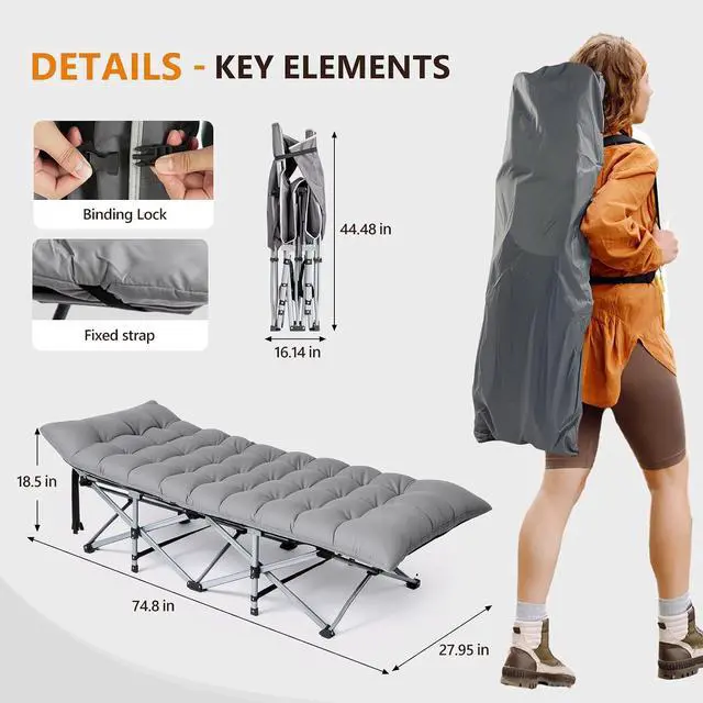 Alt view image 2 of 7 - VINGLI Folding Camping Cot Bed,Camping Cots for Adults with Mattress, Foldable Cots for Sleeping with Pillow 1200D Layer Oxford for for Guest,Travel,Hiking-Grey 1P