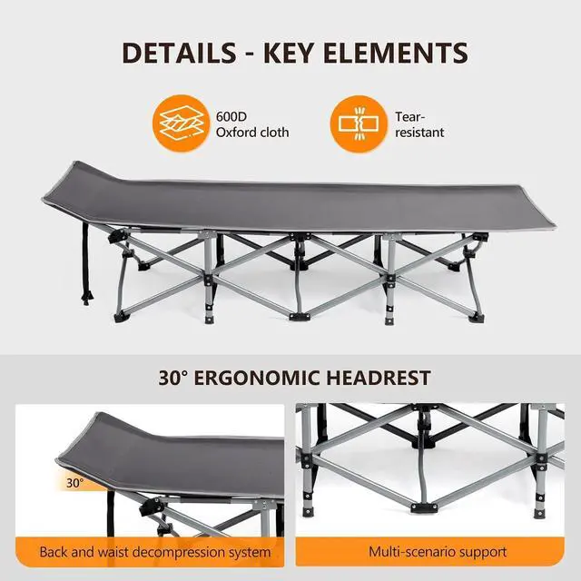 Alt view image 7 of 7 - VINGLI Folding Camping Cot Bed,Camping Cots for Adults with Mattress, Foldable Cots for Sleeping with Pillow 1200D Layer Oxford for for Guest,Travel,Hiking-Grey 1P