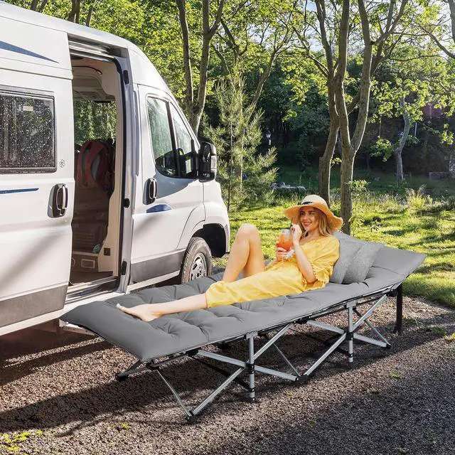 Alt view image 5 of 7 - VINGLI Folding Camping Cot Bed,Camping Cots for Adults with Mattress, Foldable Cots for Sleeping with Pillow 1200D Layer Oxford for for Guest,Travel,Hiking-Grey 1P