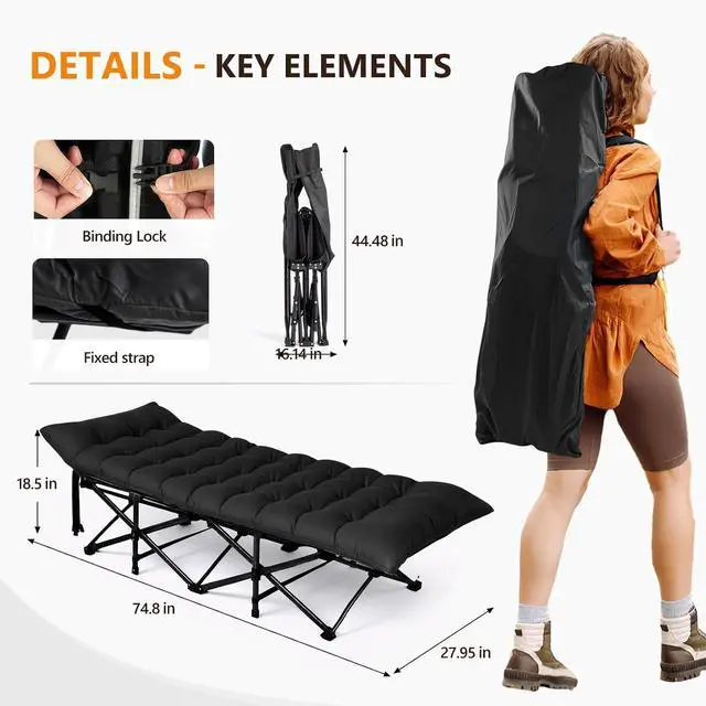 Alt view image 2 of 7 - VINGLI Folding Camping Cot Bed,Camping Cots for Adults with Mattress, Foldable Cots for Sleeping with Pillow 1200D Layer Oxford for for Guest,Travel,Hiking-Black 2P