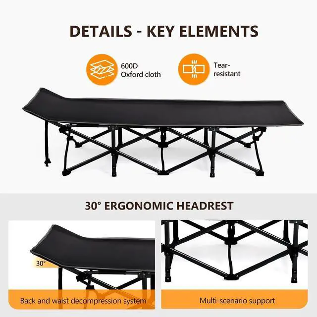 Alt view image 7 of 7 - VINGLI Folding Camping Cot Bed,Camping Cots for Adults with Mattress, Foldable Cots for Sleeping with Pillow 1200D Layer Oxford for for Guest,Travel,Hiking-Black 2P