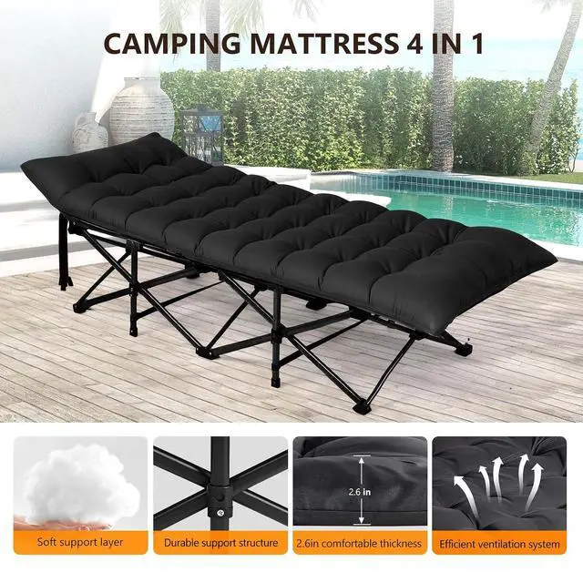 Alt view image 6 of 7 - VINGLI Folding Camping Cot Bed,Camping Cots for Adults with Mattress, Foldable Cots for Sleeping with Pillow 1200D Layer Oxford for for Guest,Travel,Hiking-Black 2P