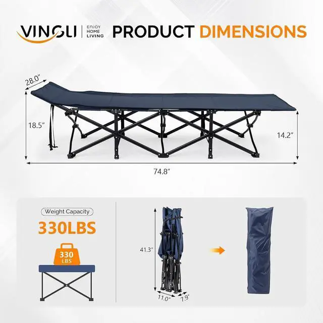 Alt view image 2 of 7 - VINGLI Folding Camping Cot Bed,Camping Cots for Adults with Mattress, Foldable Cots for Sleeping with Pillow 1200D Layer Oxford for for Guest,Travel,Hiking-Blue 2P