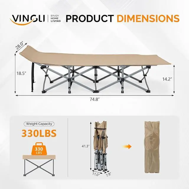 Alt view image 2 of 7 - VINGLI Folding Camping Cot Bed,Camping Cots for Adults with Mattress, Foldable Cots for Sleeping with Pillow 1200D Layer Oxford for for Guest,Travel,Hiking-Brown 1P