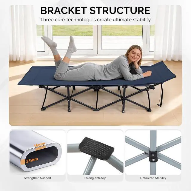 Alt view image 5 of 7 - VINGLI Folding Camping Cot Bed,Camping Cots for Adults with Mattress, Foldable Cots for Sleeping with Pillow 1200D Layer Oxford for for Guest,Travel,Hiking-Blue 2P