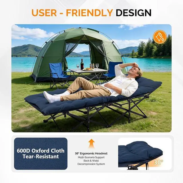 Alt view image 7 of 7 - VINGLI Folding Camping Cot Bed,Camping Cots for Adults with Mattress, Foldable Cots for Sleeping with Pillow 1200D Layer Oxford for for Guest,Travel,Hiking-Blue 2P