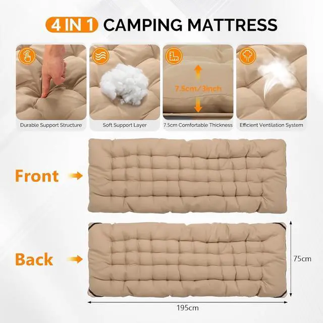 Alt view image 3 of 7 - VINGLI Folding Camping Cot Bed,Camping Cots for Adults with Mattress, Foldable Cots for Sleeping with Pillow 1200D Layer Oxford for for Guest,Travel,Hiking-Brown 1P
