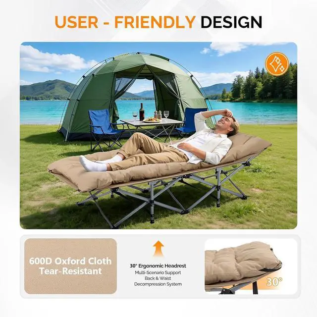 Alt view image 7 of 7 - VINGLI Folding Camping Cot Bed,Camping Cots for Adults with Mattress, Foldable Cots for Sleeping with Pillow 1200D Layer Oxford for for Guest,Travel,Hiking-Brown 1P