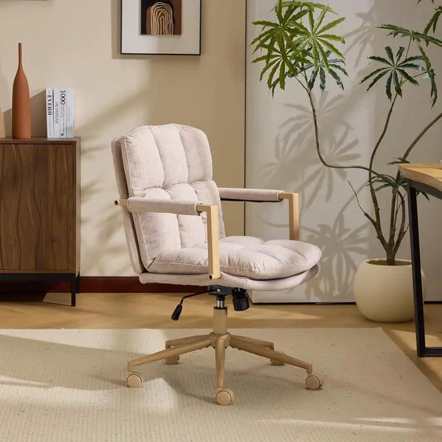Alt view image 2 of 7 - VINGLI Comfy Linen Office Desk Chair with Wheels & Detachable Cushions & Wood-Like Armrests,Swivel Small Computer Task Chair,Adjustable for Girl Makeup Vanity,Teen/Kids Study,Nail Tech,Sewing,Khaki