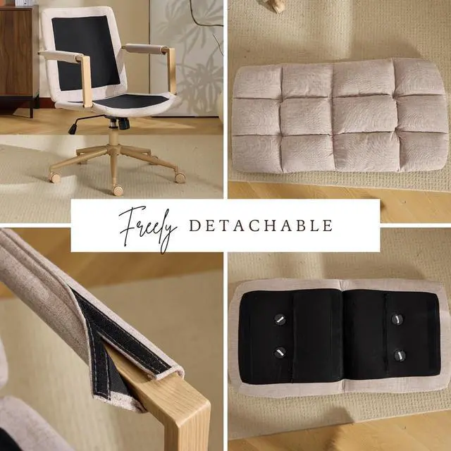 Alt view image 3 of 7 - VINGLI Comfy Linen Office Desk Chair with Wheels & Detachable Cushions & Wood-Like Armrests,Swivel Small Computer Task Chair,Adjustable for Girl Makeup Vanity,Teen/Kids Study,Nail Tech,Sewing,Khaki