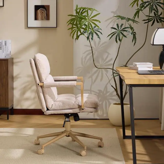Alt view image 7 of 7 - VINGLI Comfy Linen Office Desk Chair with Wheels & Detachable Cushions & Wood-Like Armrests,Swivel Small Computer Task Chair,Adjustable for Girl Makeup Vanity,Teen/Kids Study,Nail Tech,Sewing,Khaki