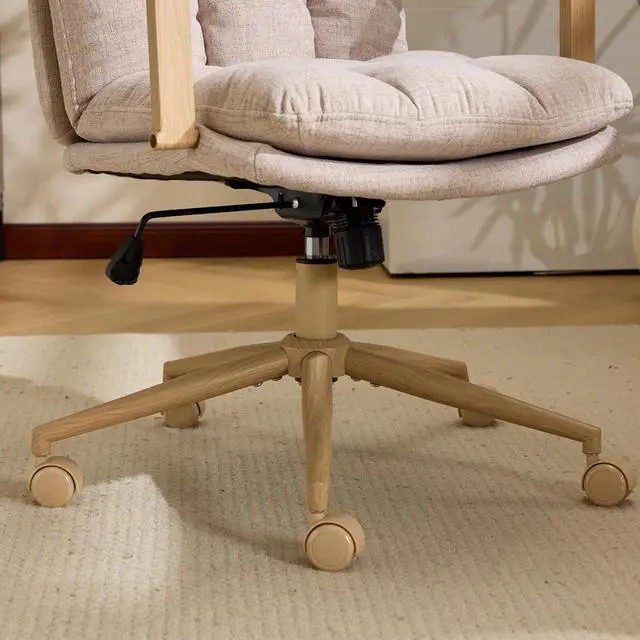 Alt view image 4 of 7 - VINGLI Comfy Linen Office Desk Chair with Wheels & Detachable Cushions & Wood-Like Armrests,Swivel Small Computer Task Chair,Adjustable for Girl Makeup Vanity,Teen/Kids Study,Nail Tech,Sewing,Khaki