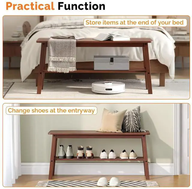 Alt view image 4 of 7 - VINGLI 39 Inch Solid Wood Dining Bench with Shoe Rack Storage, Walnut | Solid Wood Construction, Wood Bench, Built-in Shoe Rack Storage, Multi Room, Entryway Bedroom Kitchen Living Room Furniture