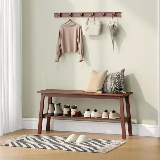 Alt view image 2 of 7 - VINGLI 39 Inch Solid Wood Dining Bench with Shoe Rack Storage, Walnut | Solid Wood Construction, Wood Bench, Built-in Shoe Rack Storage, Multi Room, Entryway Bedroom Kitchen Living Room Furniture