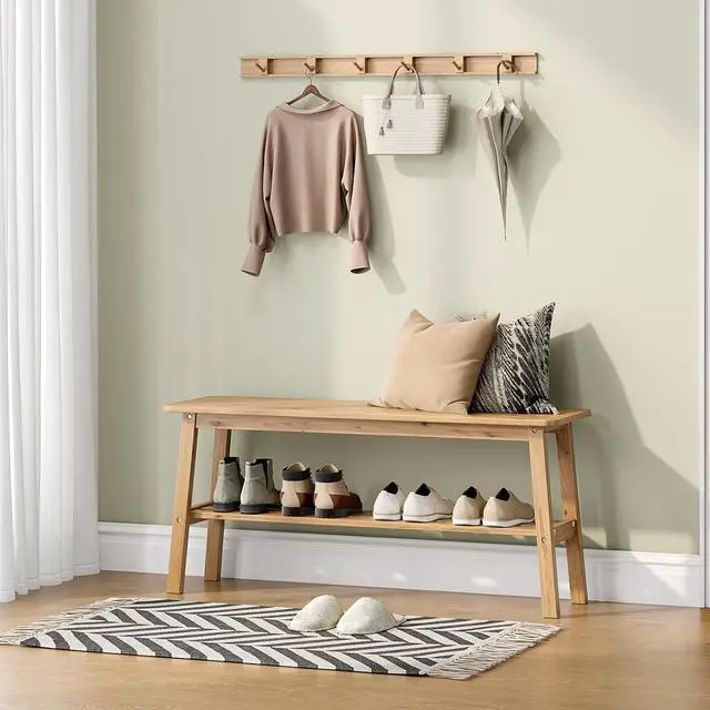 Alt view image 2 of 7 - VINGLI 39 Inch Solid Wood Dining Bench with Shoe Rack Storage Light Brown | Solid Wood Construction, Built-in Shoe Rack Storage, Wood Bench, Multi Room Use, Entryway Dining Kitchen Furniture