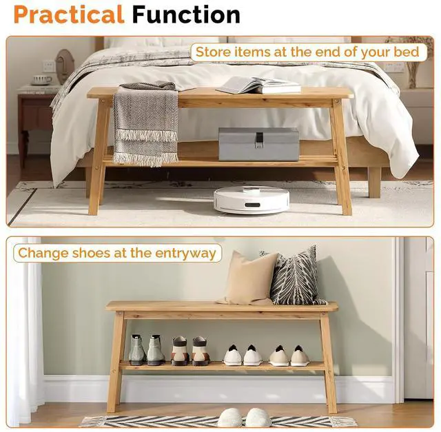 Alt view image 4 of 7 - VINGLI 39 Inch Solid Wood Dining Bench with Shoe Rack Storage Light Brown | Solid Wood Construction, Built-in Shoe Rack Storage, Wood Bench, Multi Room Use, Entryway Dining Kitchen Furniture
