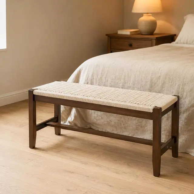 Alt view image 5 of 7 - VINGLI Boho Wicker Bench Wood Frame Rattan Seat Indoor Entryway Walnut | Fits Entryway, Bedroom, Dining Room, Living Room, End of Bed, Extra Seating, Decorative Furniture Accent