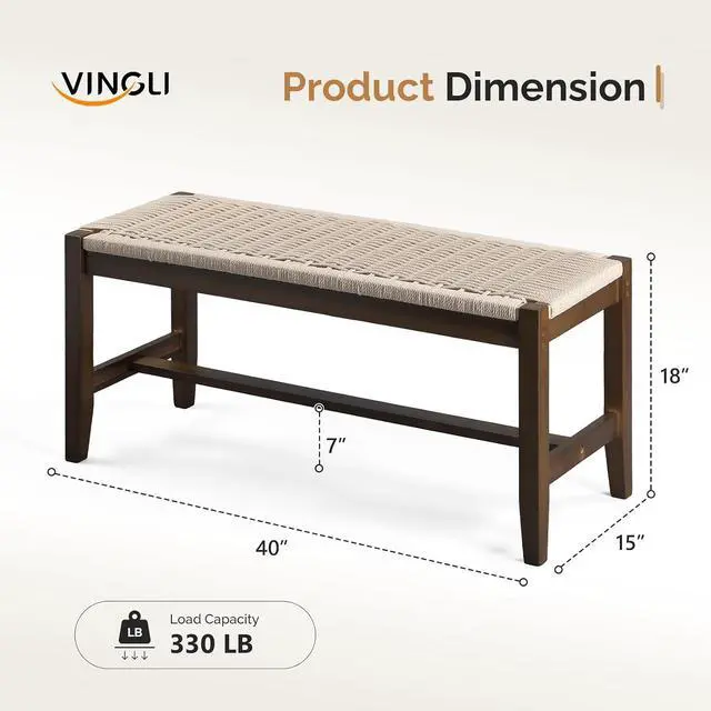 Alt view image 3 of 7 - VINGLI Boho Wicker Bench Wood Frame Rattan Seat Indoor Entryway Walnut | Fits Entryway, Bedroom, Dining Room, Living Room, End of Bed, Extra Seating, Decorative Furniture Accent