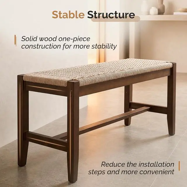 Alt view image 4 of 7 - VINGLI Boho Wicker Bench Wood Frame Rattan Seat Indoor Entryway Walnut | Fits Entryway, Bedroom, Dining Room, Living Room, End of Bed, Extra Seating, Decorative Furniture Accent
